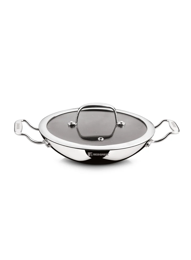 بيرجنر Bergner Argent Samsara 21cm Tri-Ply Stainless Steel Appam Pan with Glass Lid, Non-Stick Appachetty / Chetty Pan, Quantanium Coating, Less Oil Healthy Cooking, Even Heating, Gas & Induction Compatible